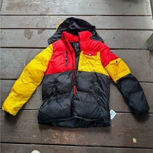 Reason Tri-Color Puffer Jacket - Red, Yellow, Black